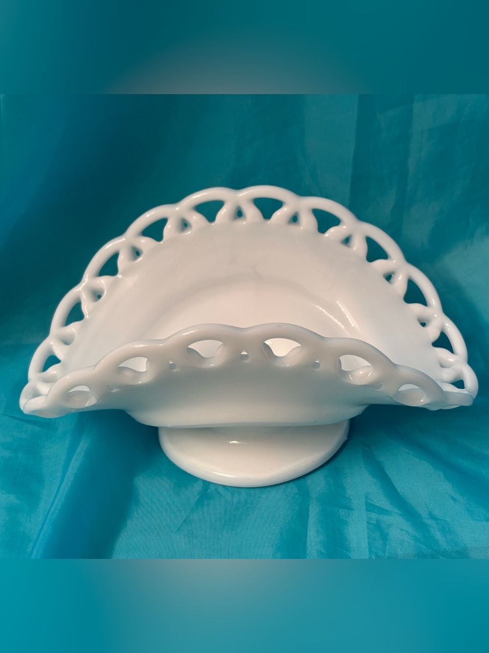 Vintage Milk Glass Reticulated Pedestal Bowl – 8.75" Lace Edge